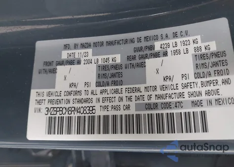 2024 Mazda 3 2.5 S Carbon Edition z USA, uszkodzony, nr VIN 3MZBPBCM8RM408395